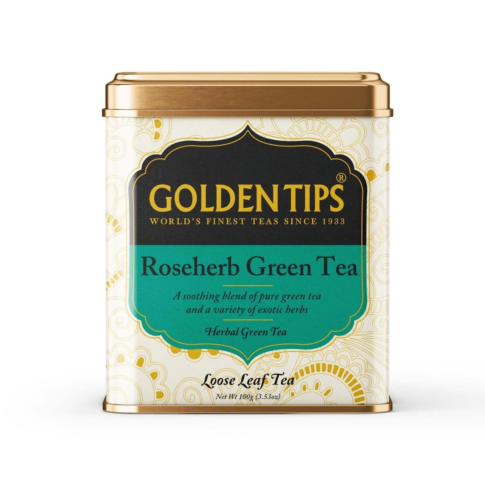 uk718HuS0ut3L-1-1.jpg Golden Tips Healthy/Natural and Organic Loose Leaves Roseherb Green Tea Tin Can (100 Gram, 50 cups) - Fast UK Delivery - Image 1