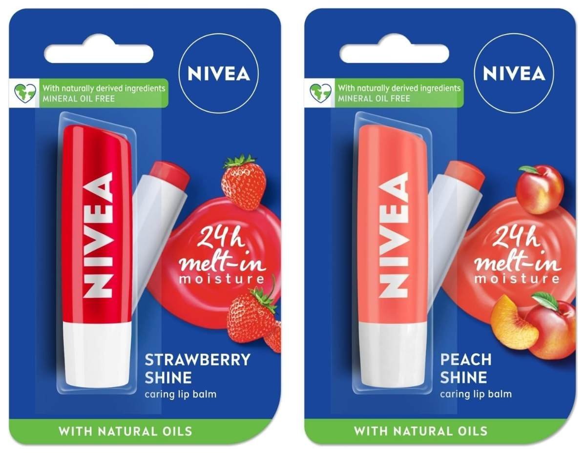 uk718Yz2bk8tL-1-1.jpg NIVEA Lip Balm, Fruity Strawberry Shine And NIVEA Lip Balm, Fruity Peach Shine,4.8 g (Pack of 2) - Fast UK Delivery - Image 1