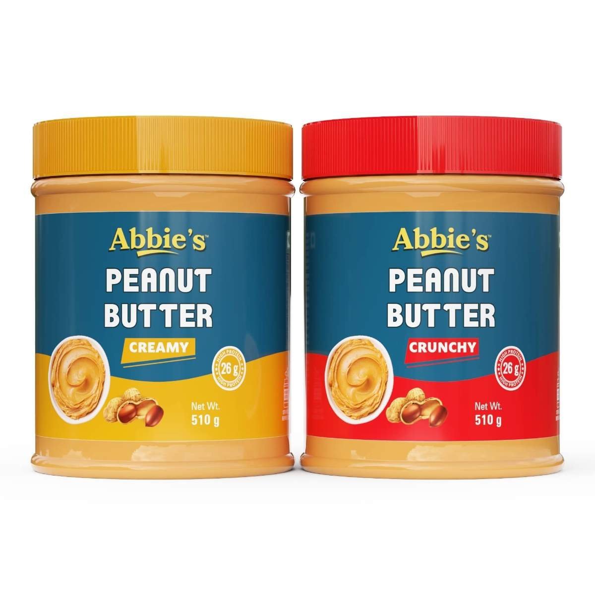 uk719-Y4AObCL-1-1.jpg Abbie's Peanut Butter Creamy and Crunchy (510 g-Pack of 2) with 26g Protein Per 100g Serving, Zero Trans Fat/Cholesterol, Keto Friendly,100% Vegan, Good Source of Fat for Athletes, Body Builders - Fast UK Delivery - Image 1