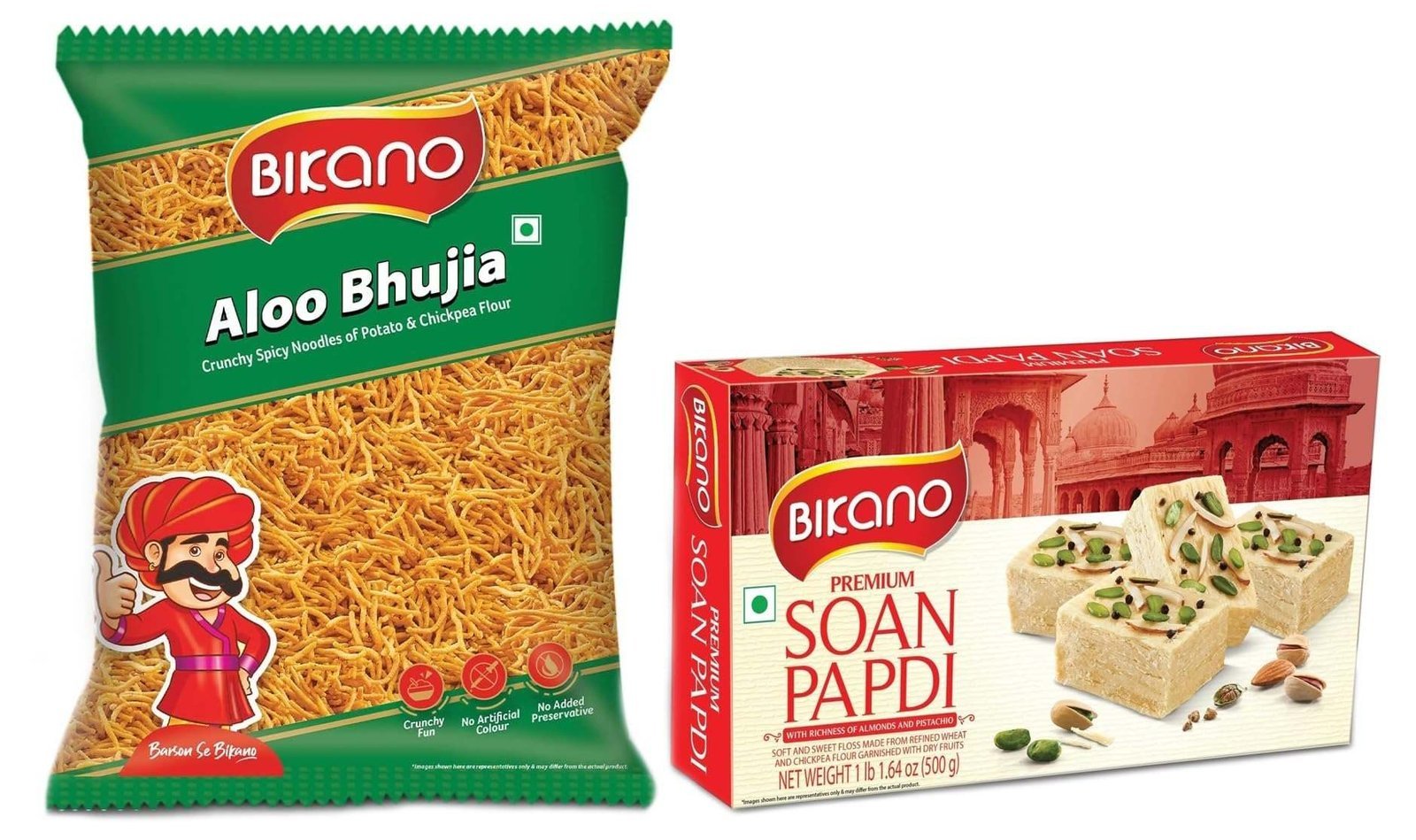 uk71A64aeuQxL-1-1.jpg Bikano Aloo Bhujia 1 kg & Bikano Soan Papdi, Milk 500 Gm Extra 20% (500g+100g Extra) - Fast UK Delivery - Image 1