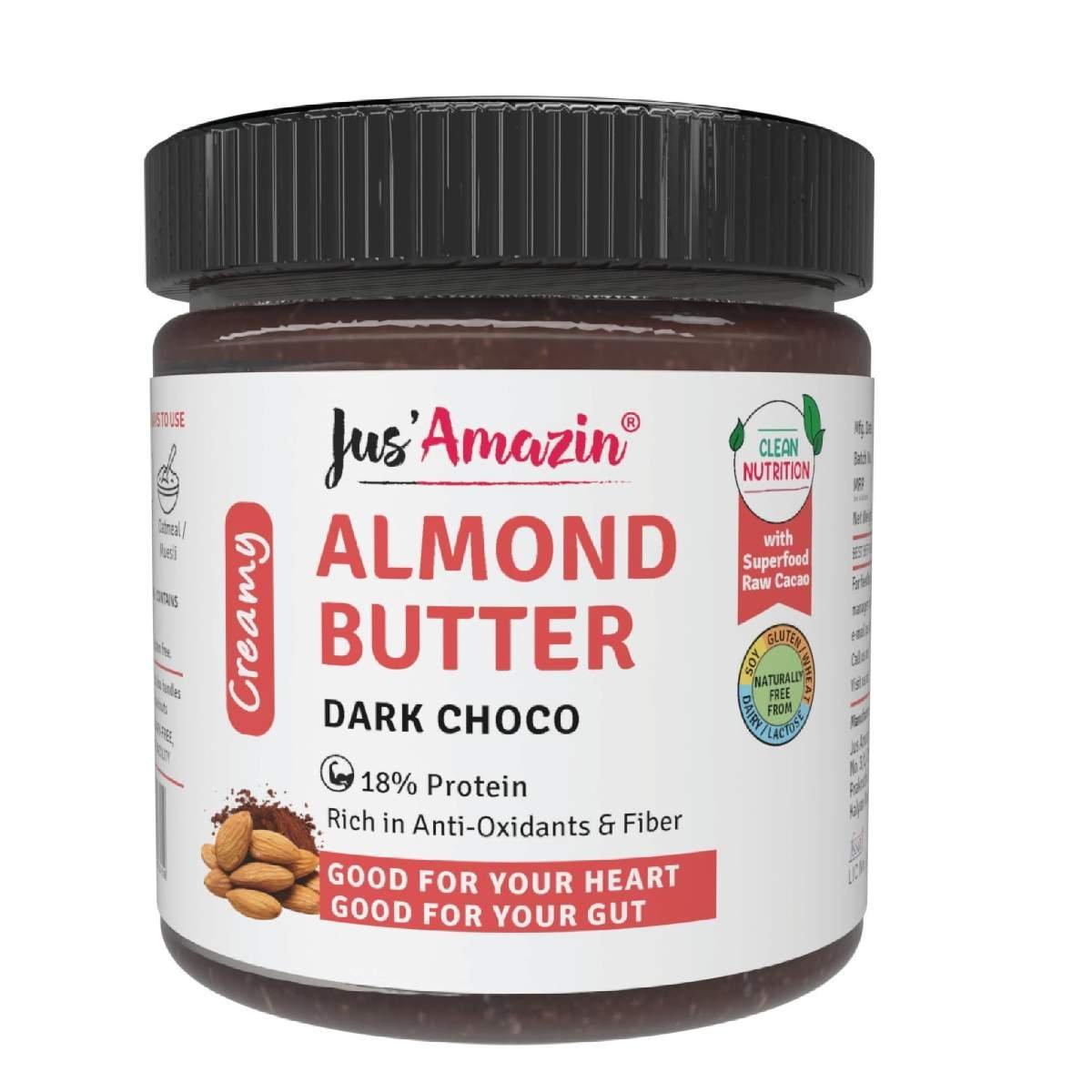 uk71AK-IhJAML-1-1.jpg Jus' Amazin Creamy Almond Butter - Dark Choco (200g) | Rich in Anti-oxidants | Raw Cacao | 100% Natural, Vegan, Dairy Free & Keto Friendly | Dark Chocolate Spread | Sweetened with Organic Jaggery - Fast UK Delivery - Image 1