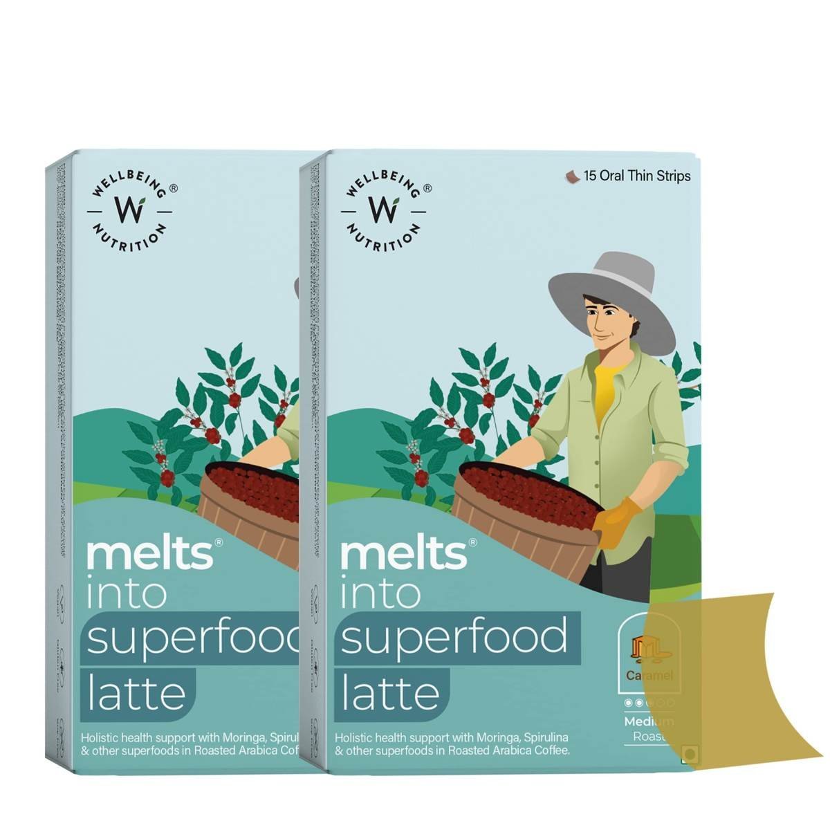 uk71C5J93G7XL-1.jpg Wellbeing Nutrition Melts Superfood Latte | Arabica Coffee, Spirulina, Ashwagandha & Moringa for Holistic Health, Immune Support & Stress Relief | Caramel Flavor (30 Oral Strips) - Image 1