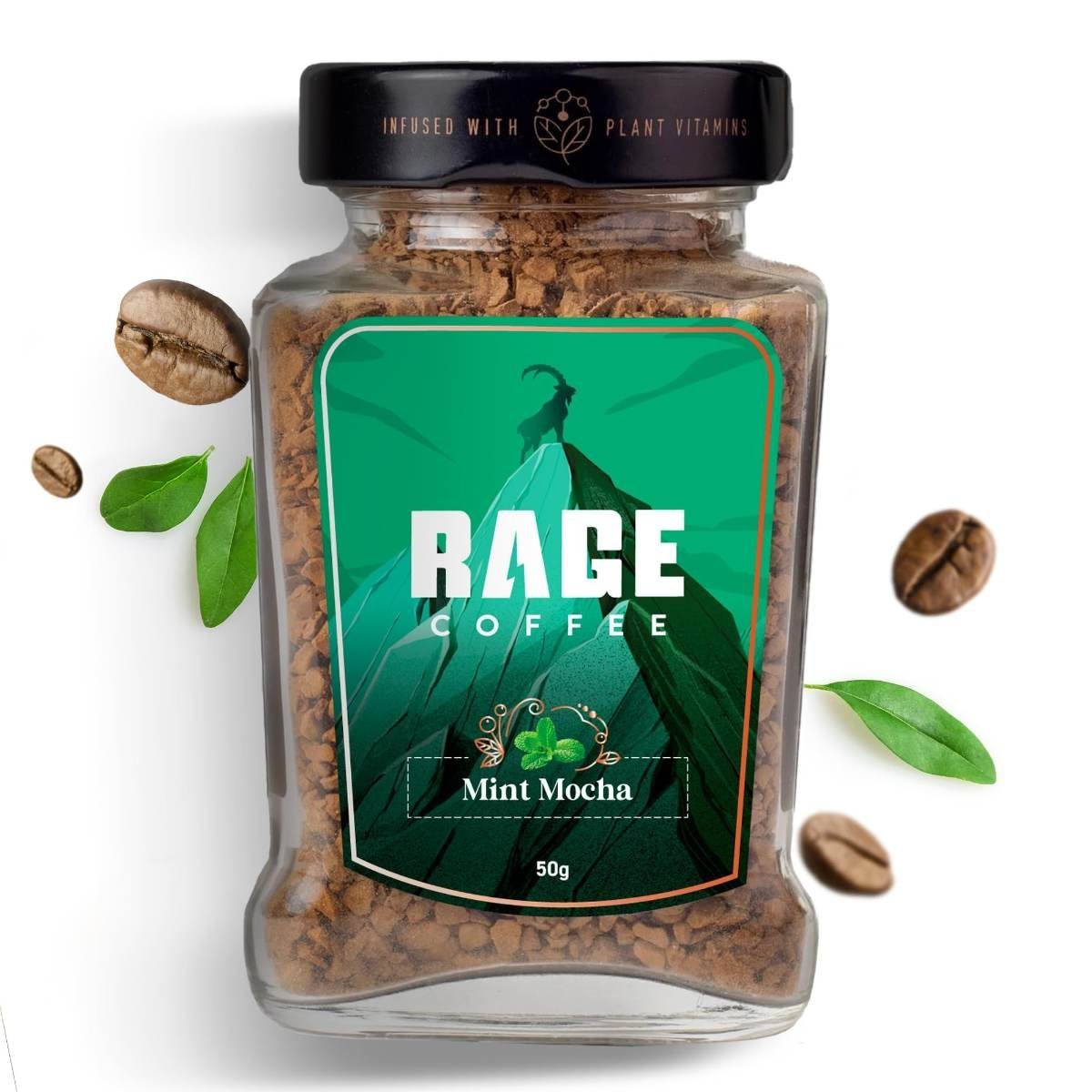 uk71C8wDkGN8L-1.jpg Rage Coffee Instant Coffee Mint Mocha Glass Jar 100% Arabica Beans infused with Plant based Vitamins| Hot & Cold Coffee | Strong Aroma with Rich Taste - 50g - Fast UK Delivery - Image 1