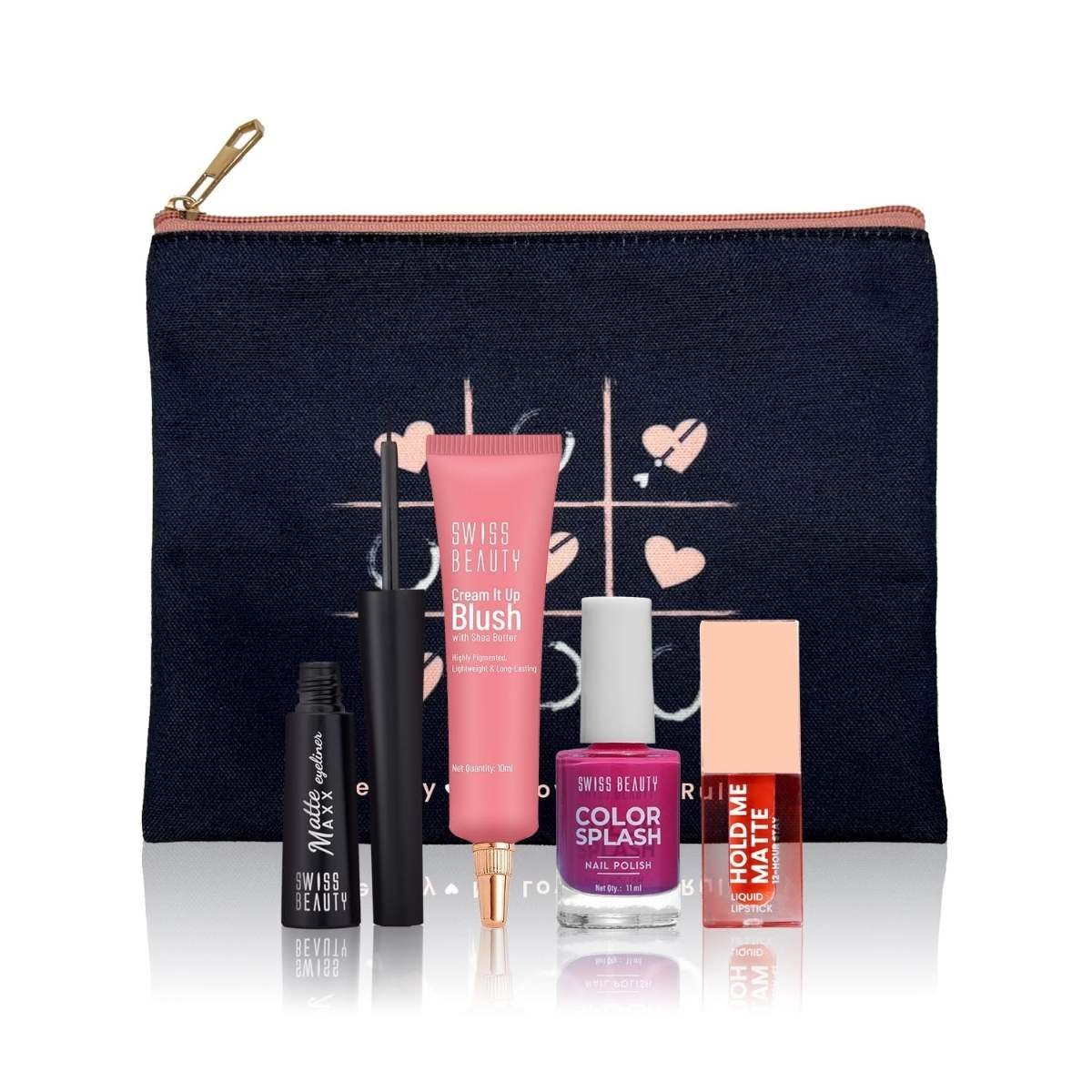 uk71Cq13OjpyL-1-1.jpg Swiss Beauty Gift Your Heart Out Makeup Kit | With 4 Makeup Essentials | Cream It Up Blush | Color Splash Nail Polish | Matte Maxx Eyeliner | Hold Me Matte Mini Liquid Lipstick | Gift For Her | Valentines Day Gift - Fast UK Delivery - Image 1