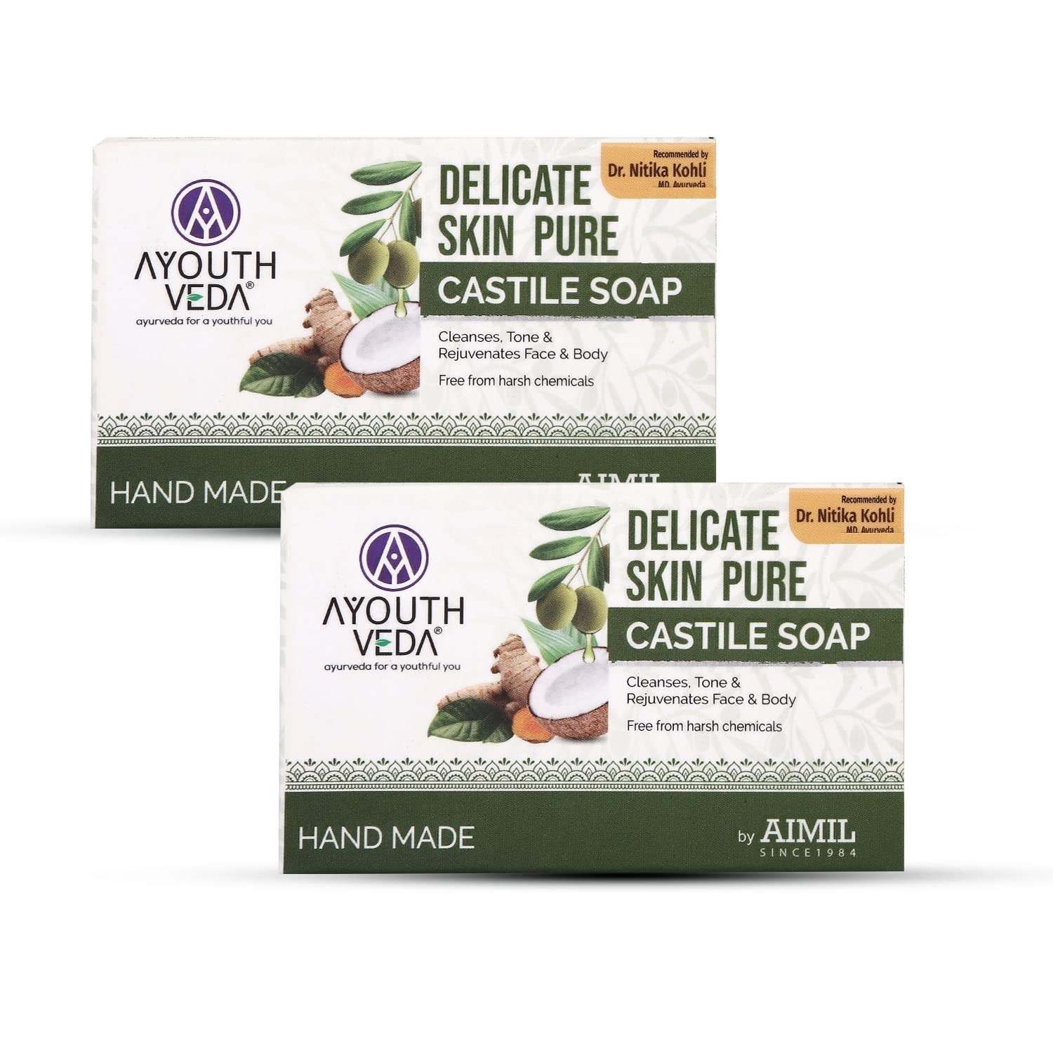 uk71D5d-yFGIL-1-1.jpg Ayouthveda Delicate Skin Pure Castile Soap | With the Goodness of Tulsi, Neem, Coconut & Olive Oil | Cleanse, Tones & Rejuvenates Skin | Handmade Soap Without Harsh Chemical (Pack Of 2-100g each) - Fast UK Delivery - Image 1