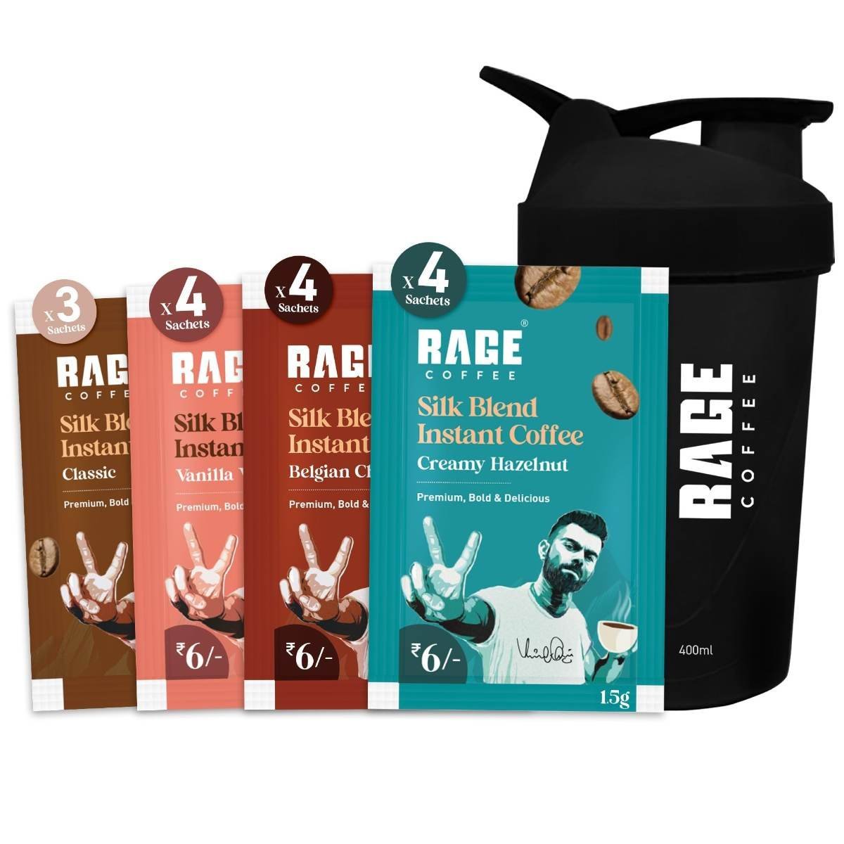 uk71DGxF7vjCL-1.jpg Rage Coffee - Silk Blend Assorted Sachets, Pack of 15 (3 Classic, 4 Creamy Hazelnut, 4 Vanilla Velvet & 4 Belgian Chocolate) +Multi-purpose Shaker 400 ML - Fast UK Delivery - Image 1