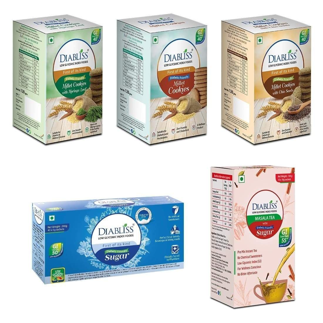 uk71DIAqpVCrL-1-1.jpg Diabliss Millet, Chia Seeds, Moringa Leaf Cookies 120g Box - Sugar 40 x 5g Sachet Box & Masala Tea Instant Premix 10 x 10g Sachet Box Combo Pack - Low Glycemic Index (GI) Diabetic Friendly - Image 1