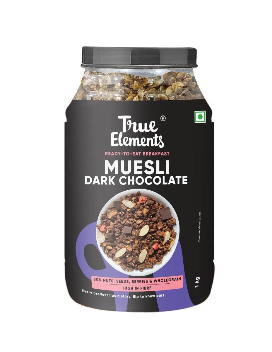 uk71FZ8zb0O6L-1.jpg True Elements Dark Chocolate Muesli 1kg | Nuts & Berries Muesli | 13g Clean Protein | 13% Millet | Cereal for Breakfast | Gluten Free Breakfast - Fast UK Delivery - Image 1