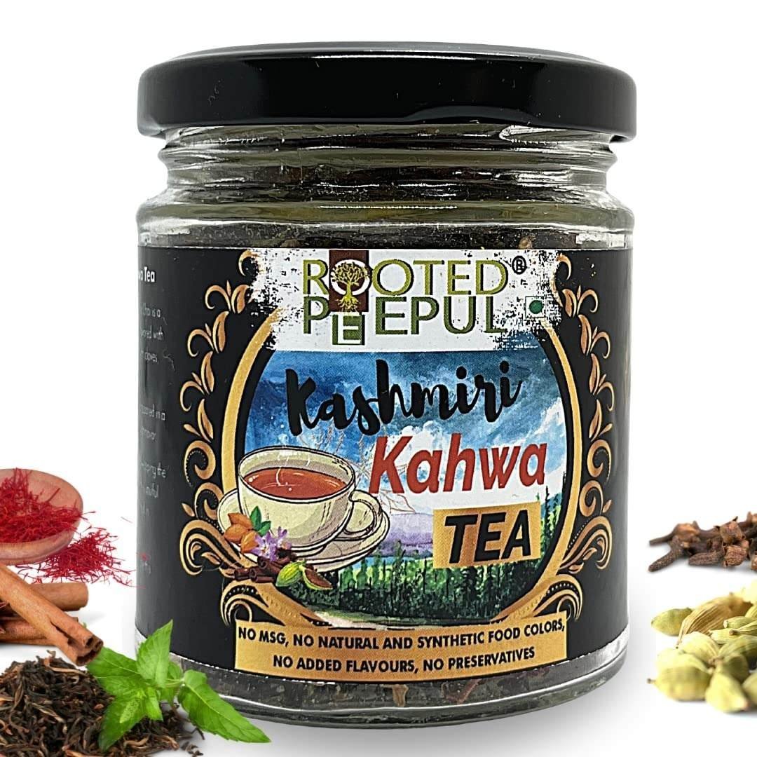 uk71Fdo4WTOqL-1-1.jpg Rooted Peepul Kashmiri Kahwa Green Tea | With Pure Saffron and Rose Petals | All Natural Ingredients - Fast UK Delivery - Image 1