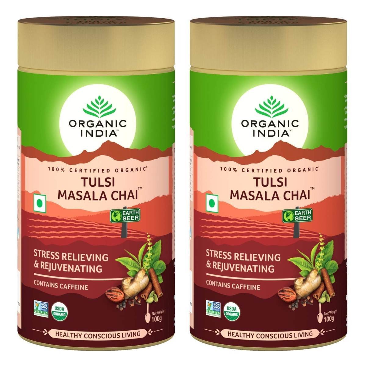 uk71FgOBYfEvL.jpg Organic India Tulsi Masala Chai 100 GM Tin- (Pack of 2) - Fast UK Delivery - Image 1