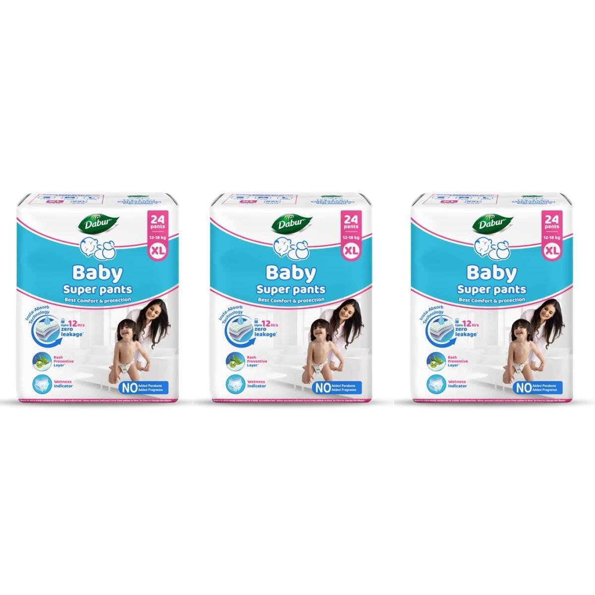uk71I5-VN8vZL.jpg Dabur Baby Super Pants - XL (72 Pieces) | 12-18 kg | Insta-Absorb Technology | Diapers Infused with Aloe Vera, Shea Butter & Vitamin E | No Added Parabens, Added Fragrances (Pack of 3) - Fast UK Delivery - Image 1