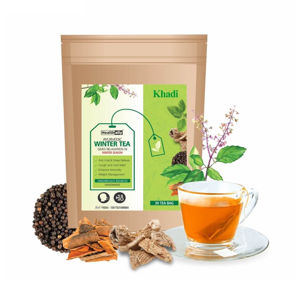 uk71IXkqpdSwL.jpg Healthally Herbal Green Tea Bag | Cold Cough Headache Relief Tea Bag | Digestion & Metabolism Immunity Booster Tea Bag | Tulsi, Kali Mirch, Daalchini & Saunth Mix Tea - 30 Tea Bags - Fast UK Delivery - Image 1