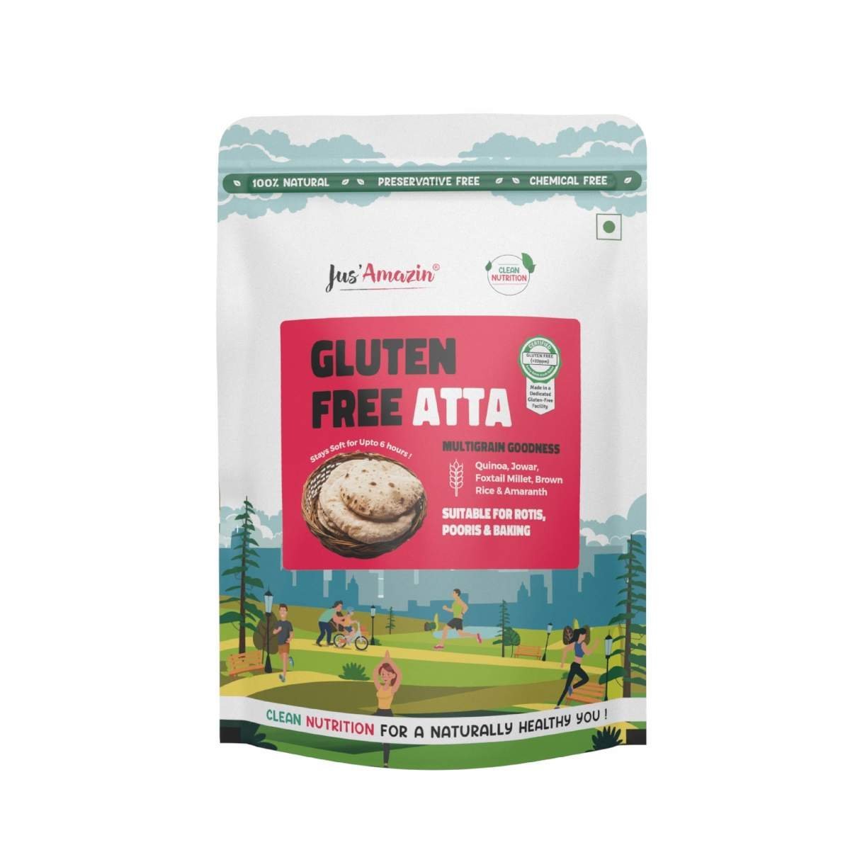 uk71J1pqCYQzL-1-1.jpg Jus' Amazin Certified Gluten Free Atta (1kg) | Makes Fluffy & Soft Chapatis | Multigrain (Millets, Quinoa, Amaranth) | Certified Gluten Free (Lab Tested) | Multipurpose (Chapati, Poori, Paratha, Baking) - Fast UK Delivery - Image 1