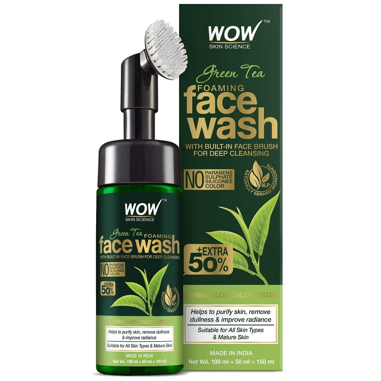 uk71JKYIWMWgS-1-1.jpg WOW Skin Science Green Tea Foaming Face Wash with Built-In Face Brush - for Treating Acne and Unclogging Pores - 150mL - Fast UK Delivery - Image 1