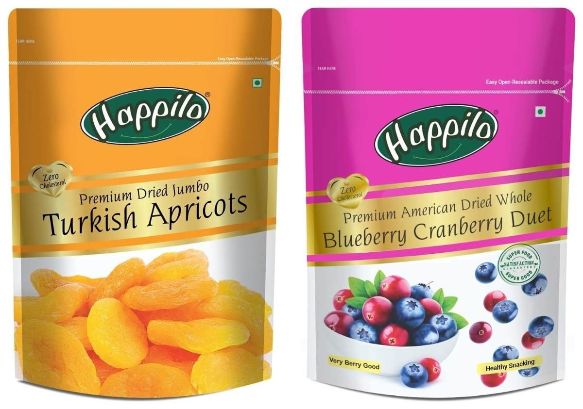 uk71JM08ZRVPL-1-1.jpg Happilo Premium Turkish Apricots, 200g + Happilo Premium Dried Whole Blueberry Cranberry Duet, 200g - Fast UK Delivery - Image 1