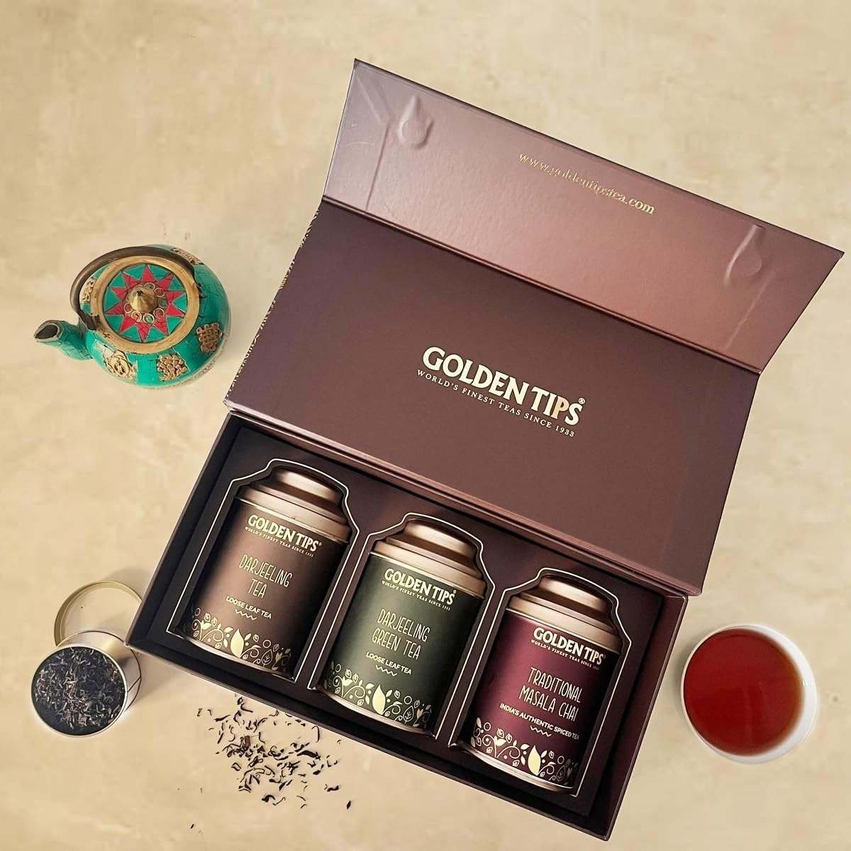 uk71K-Lss4a2L-1-1.jpg Golden Tips Assorted Tea Gift Box | Perfect Diwali Gifts for Family and Friends | Diwali Gift Set | Gift Hamper of Darjeeling Tea + Darjeeling Green Tea + Masala Chai - Fast UK Delivery - Image 1