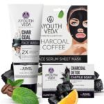Ayouthveda Skin Detox Combo for Eliminate Dirt & Impurities, Oil Control Charcoal Face Wash 100ml | Hand Made Charcoal Detox Castile Soap 110g | Charocal and Coffee Face Serum Sheet Mask 20g for Men and Women Combo - Fast UK Delivery