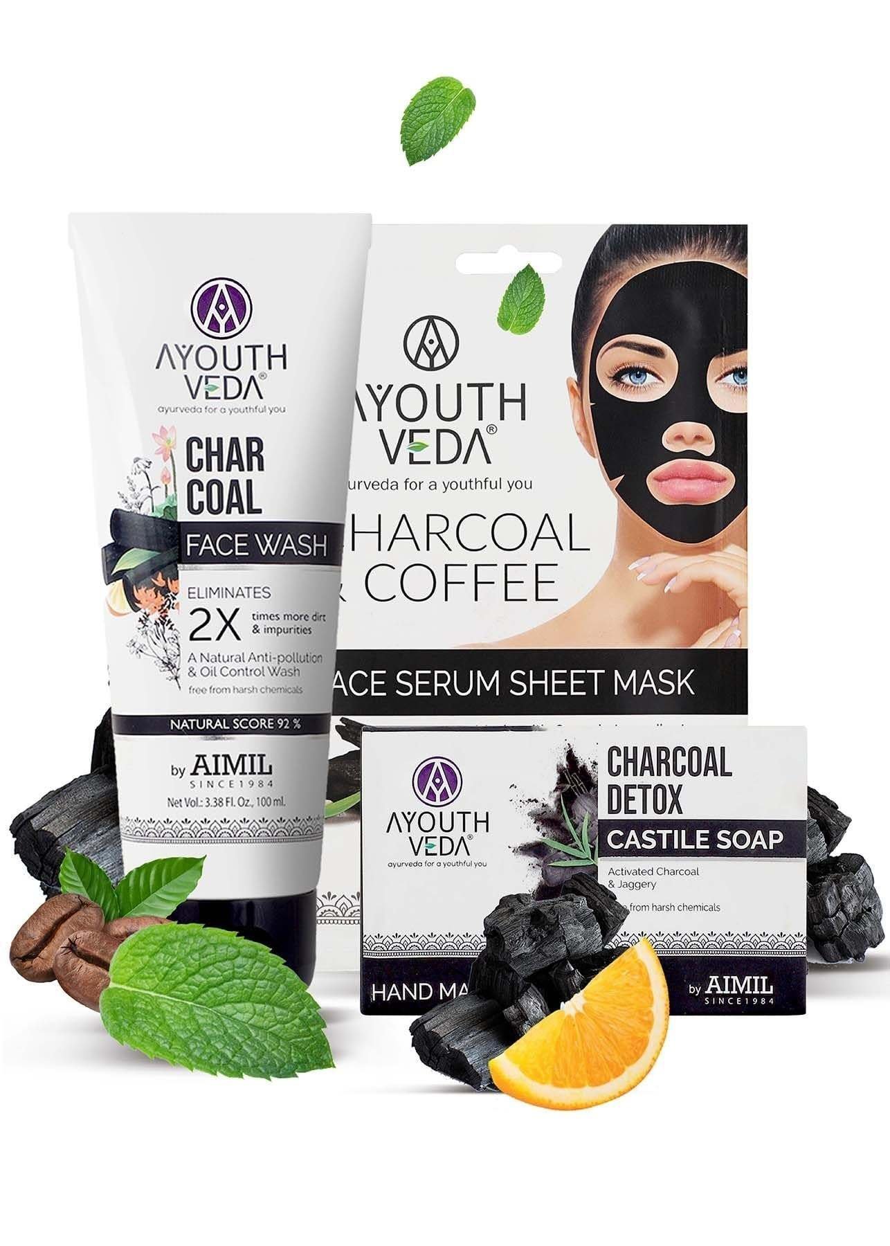 uk71KziwNJCFL-1-1.jpg Ayouthveda Skin Detox Combo for Eliminate Dirt & Impurities, Oil Control Charcoal Face Wash 100ml | Hand Made Charcoal Detox Castile Soap 110g | Charocal and Coffee Face Serum Sheet Mask 20g for Men and Women Combo - Fast UK Delivery - Image 1