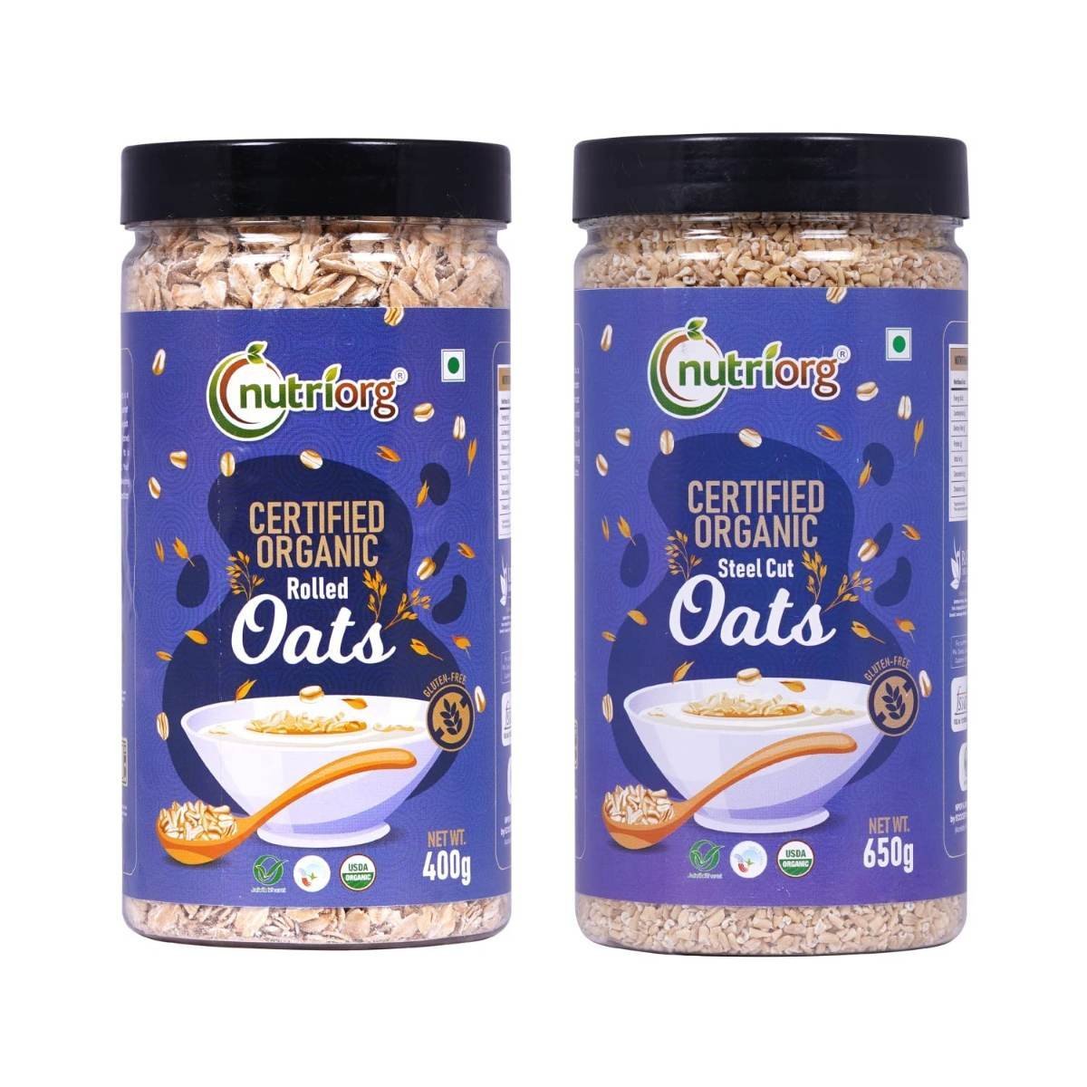 uk71LUT53ODoL-1.jpg Nutriorg Organic Rolled & Steel Cuts Oats 1050g (Combo of 2) | Weight Management | High Fiber Protein Rich Oats - Fast UK Delivery - Image 1