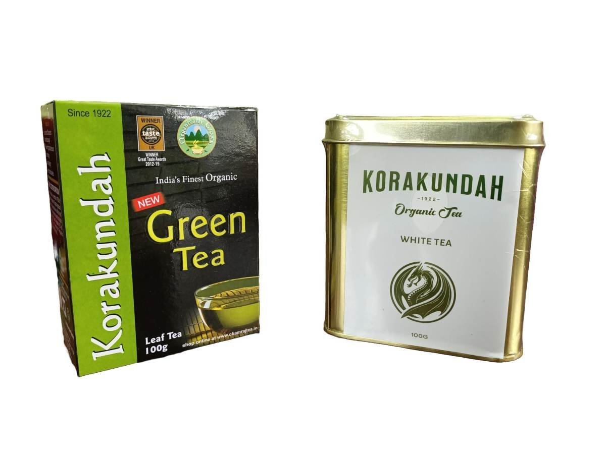 uk71MEFOoZwL-1.jpg KORAKUNDAH Organic Green Tea 100g | KORAKUNDAH Organic White Tea 100 g | Pack of 2 | Total 200g | India's Finest Chamraj Nilgiri Tea - Fast UK Delivery - Image 1