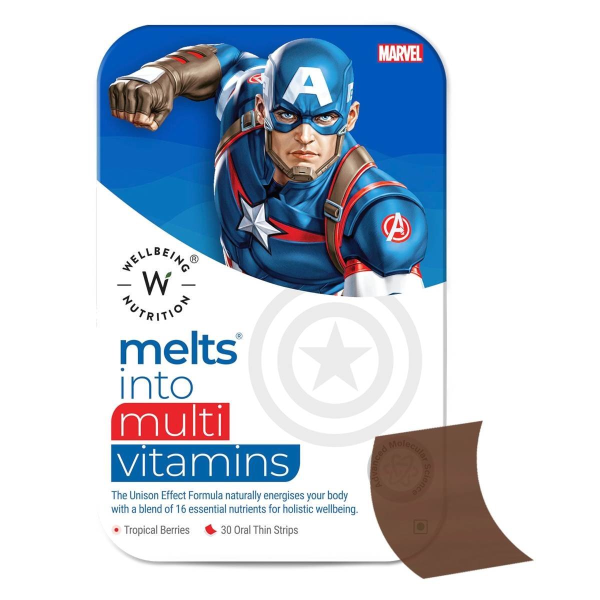 uk71MkXNlOJL-1.jpg Wellbeing Nutrition Marvel Captain America Melts | Multivitamin for Kids (6+) to Improve Overall Growth & Develpoment with Vitamin A, B-Complex, C, D & Iron | Tropical Berry Flavor (30 Oral Strips) - Fast UK Delivery - Image 1