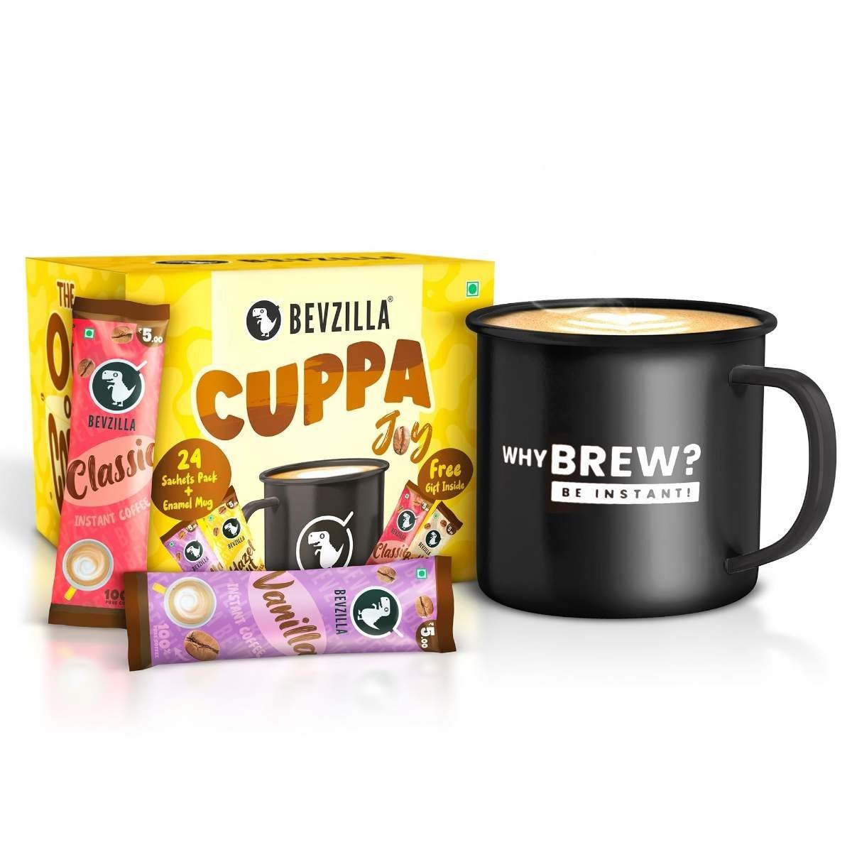 uk71OgxGTtmL-1.jpg Bevzilla 24 Flavoured Coffee Sachets & Enamel Mug | Makes 24 Cups| 6 Sachets Each Flavour | Turkish Hazelnut, Colombian Gold, French Vanilla & English Butterscotch | Cuppa Joy Box - Fast UK Delivery - Image 1