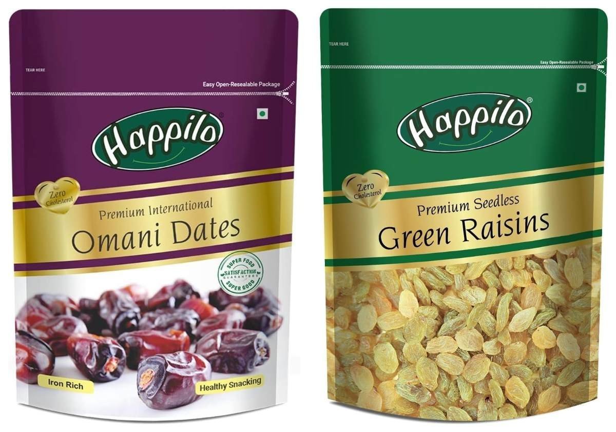 uk71OlNY03amL-1-1.jpg Happilo Premium International Omani Dates, & Premium Seedless Green Fresh Raisins, 250 Grams - Fast UK Delivery - Image 1