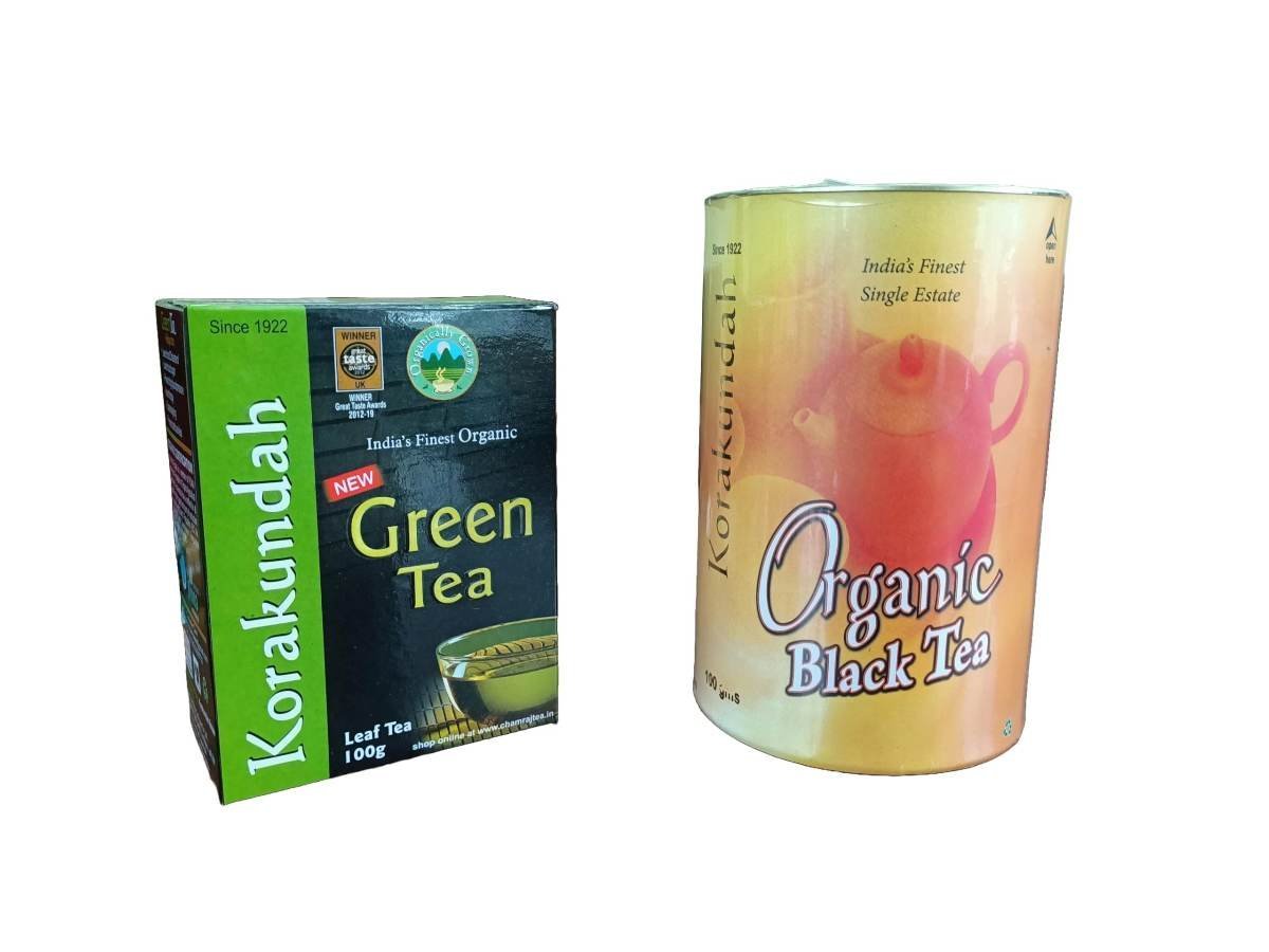 uk71Oo3eJnfL-1.jpg KORAKUNDAH Organic Green Tea 100g | KORAKUNDAH Organic Black Tea in Canister 100g | Pack of 2 | Total 200g | India's Finest Chamraj Nilgiri Tea - Fast UK Delivery - Image 1