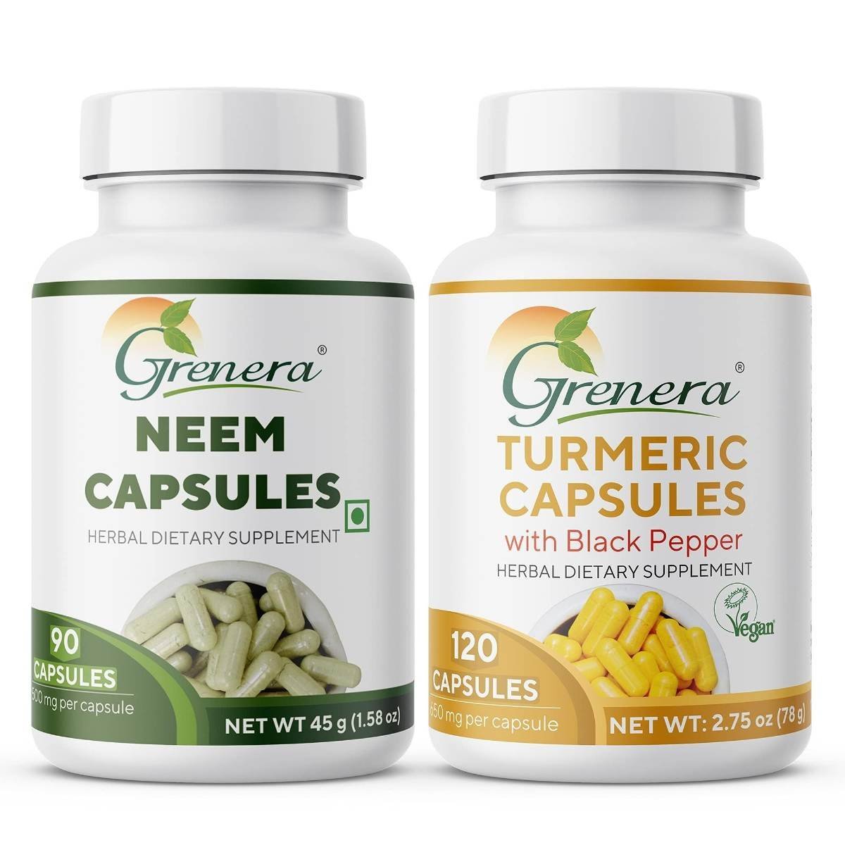 uk71PQCLxbUDL-1.jpg Grenera Neem Capsules 90 no, Turmeric Capsules 120 nos | Made with pure neem leaf powder and turmeric powder, black pepper powder - Image 1