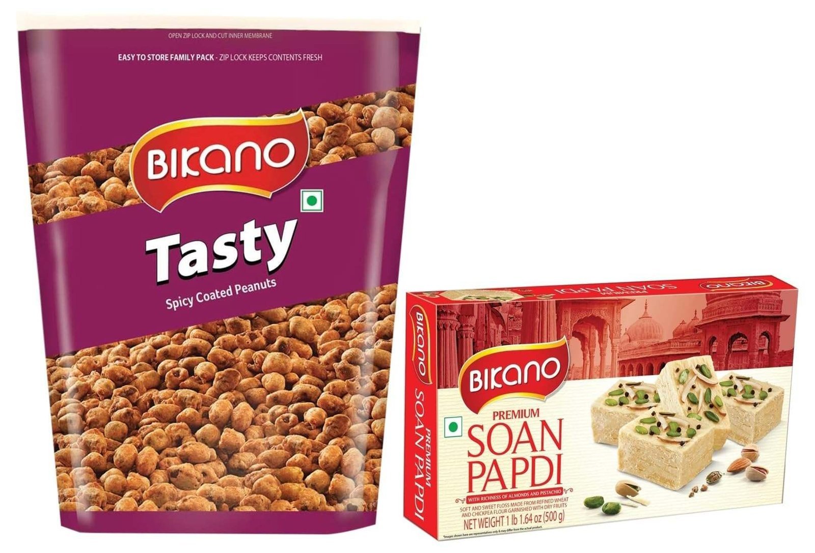 uk71QN9X3WnLL-1-1.jpg Bikano Tasty Spicy Coated Peanuts, 1kg & Bikano Soan Papdi, Milk 500 Gm Extra 20% (500g+100g Extra) - Fast UK Delivery - Image 1