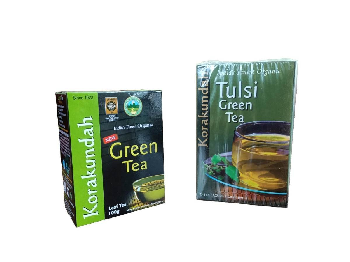 uk71RHHOlozGL-1.jpg KORAKUNDAH Organic Green Tea 100g | KORAKUNDAH Tulsi Green Tea 25 Dip Bags | Pack of 2 | Total 125g | India's Finest Chamraj Nilgiri Tea - Fast UK Delivery - Image 1