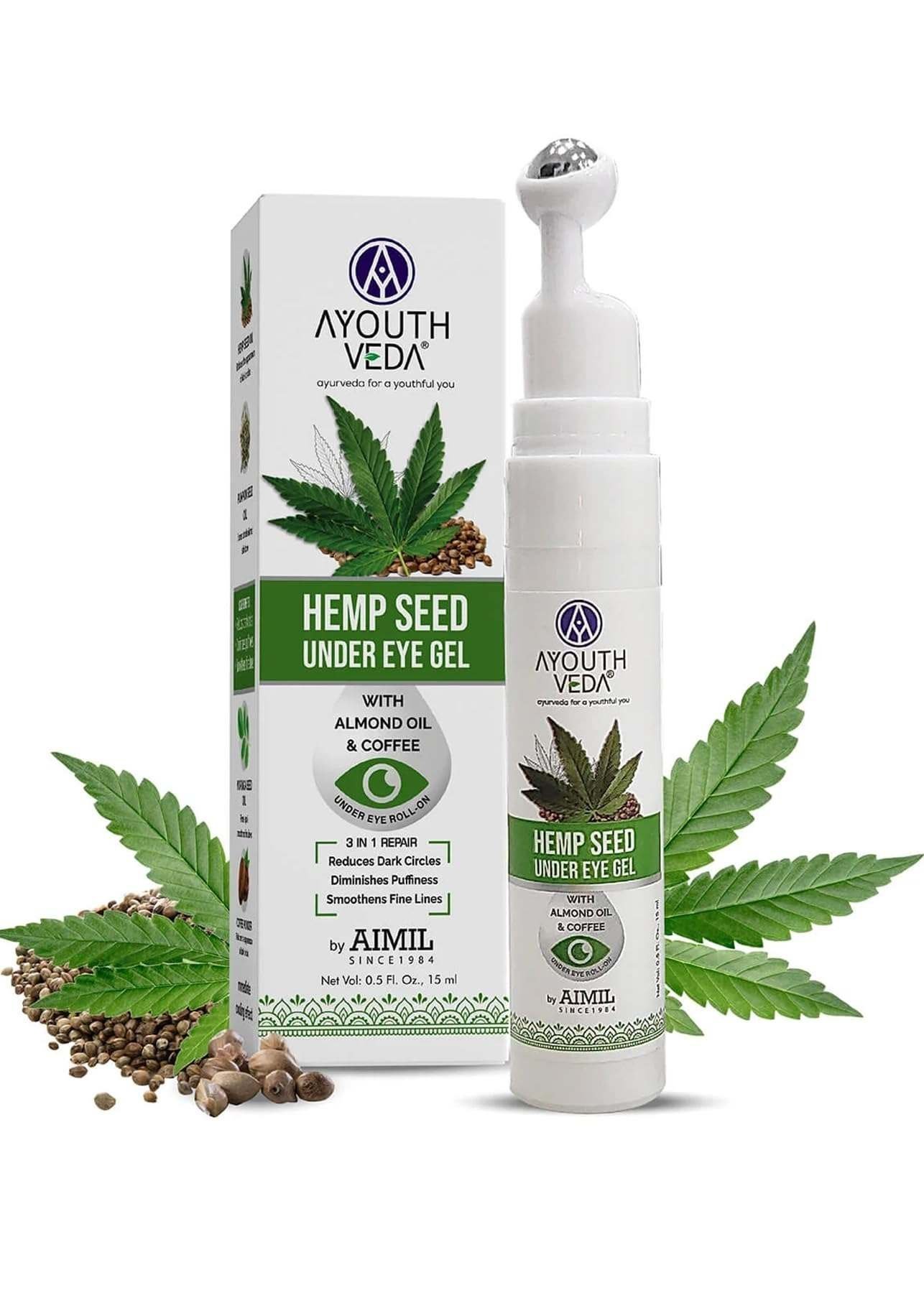 uk71SPNt11HL-1.jpg Ayouthveda Hemp Seed Under Eye Gel with Cooling Massage Roller|For Puffy Eyes, Dark Circles, Wrinkles & Fine Lines|With Hemp Seed Oil, Almond oil & Coffee| (Pack of 1;15ml) - Fast UK Delivery - Image 1