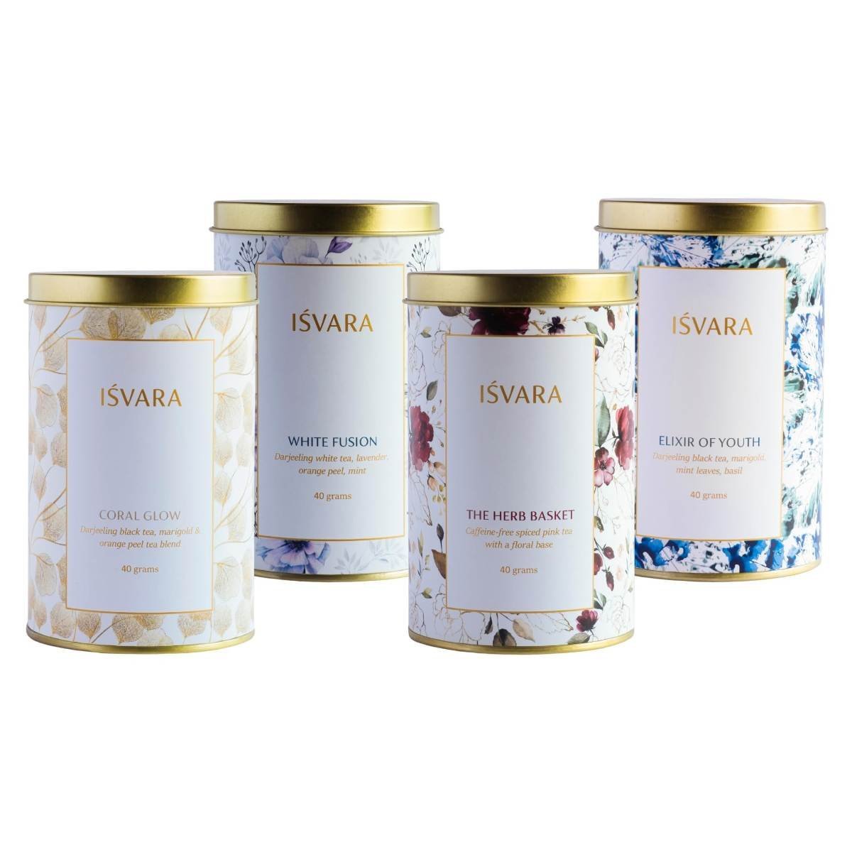 uk71UCtsK889L-1.jpg ISVARA TEA BUNDLES | Skincare Teas (Pack of 4 tea tins) | White Fusion, Elixir of Youth, The Herb Basket, Coral Glow | 160gm - Fast UK Delivery - Image 1