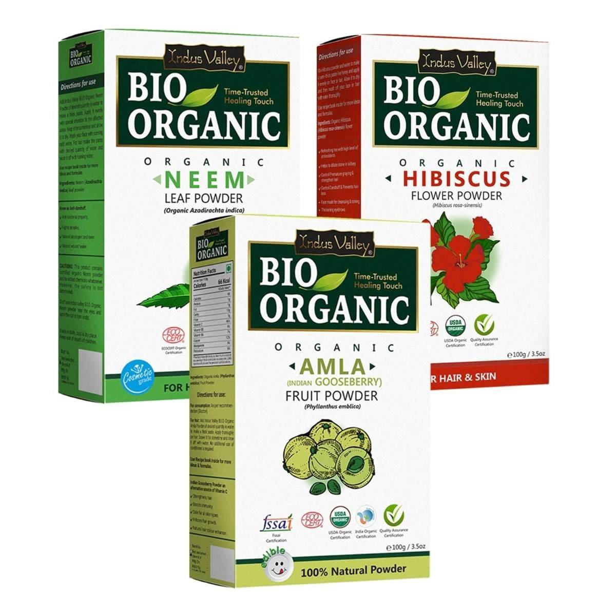 uk71VJusR4TSL-1-1.jpg INDUS VALLEY Organic Hibiscus Powder For Hair Care (Hibiscus + Amla + Neem Powder) Each 100g (100x3 = 300g) - Fast UK Delivery - Image 1