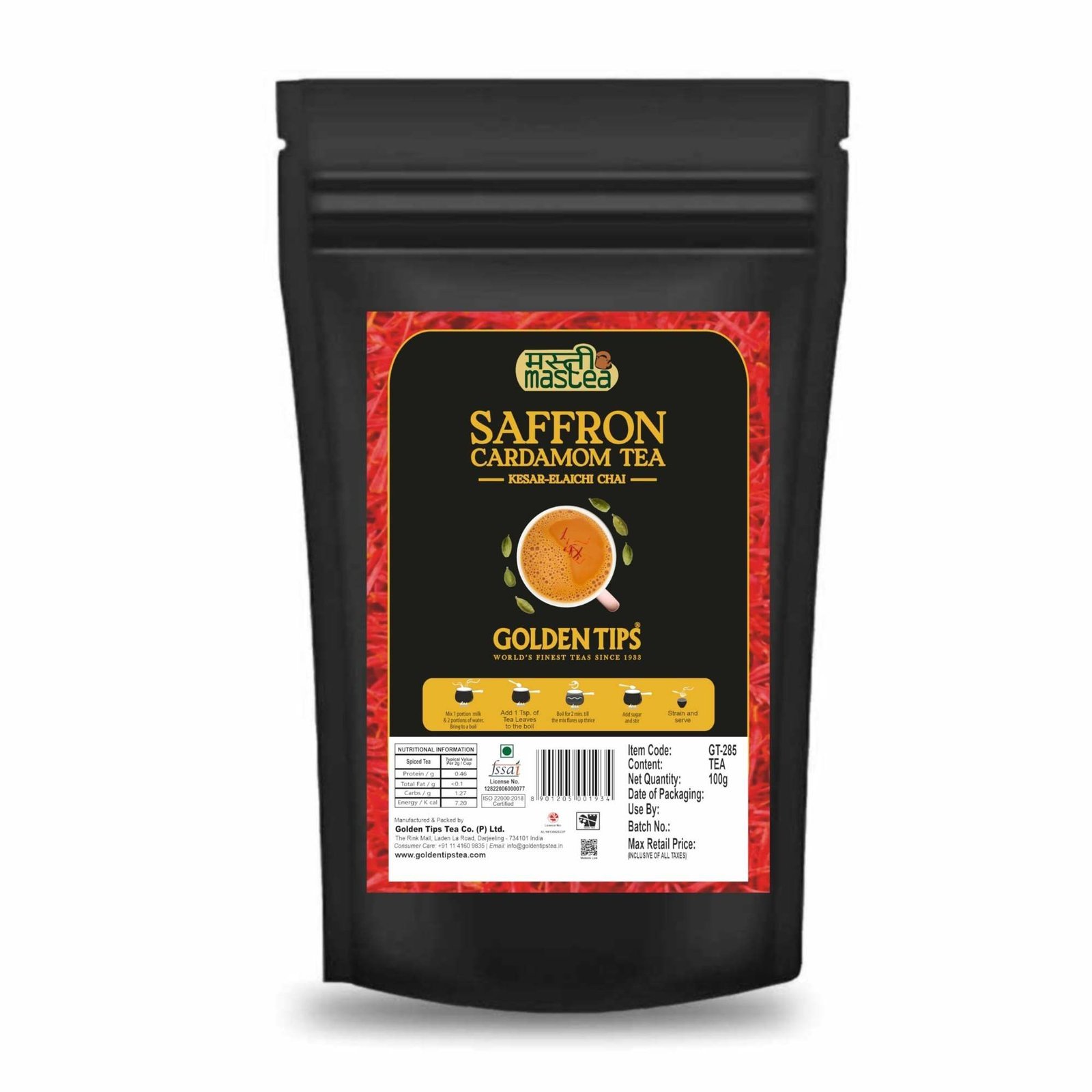 uk71Vp4EVxtgL-1-1.jpg Golden Tips Saffron(Kesar) Cardamom (Elaichi) Exotic Indian Masala Chai CTC Black Tea (40 Cups), 100 g - Fast UK Delivery - Image 1