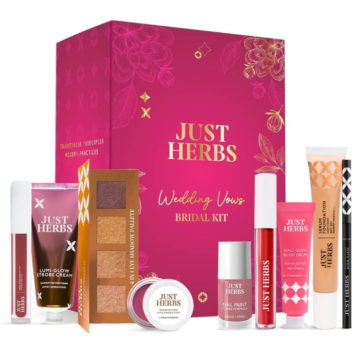 uk71WuDppEsjL-1.jpg Just Herbs Wedding Vows Glam Essentials with Matte Lipstick | Lip & Cheek Tint | Strobe Cream | Kajal | Sindoor | Eyeshadow Palette | Nail Paint | Serum Foundation | Blush Drops All in One Makeup Kit for Women (Pack of 9) - Fast UK Delivery - Image 1