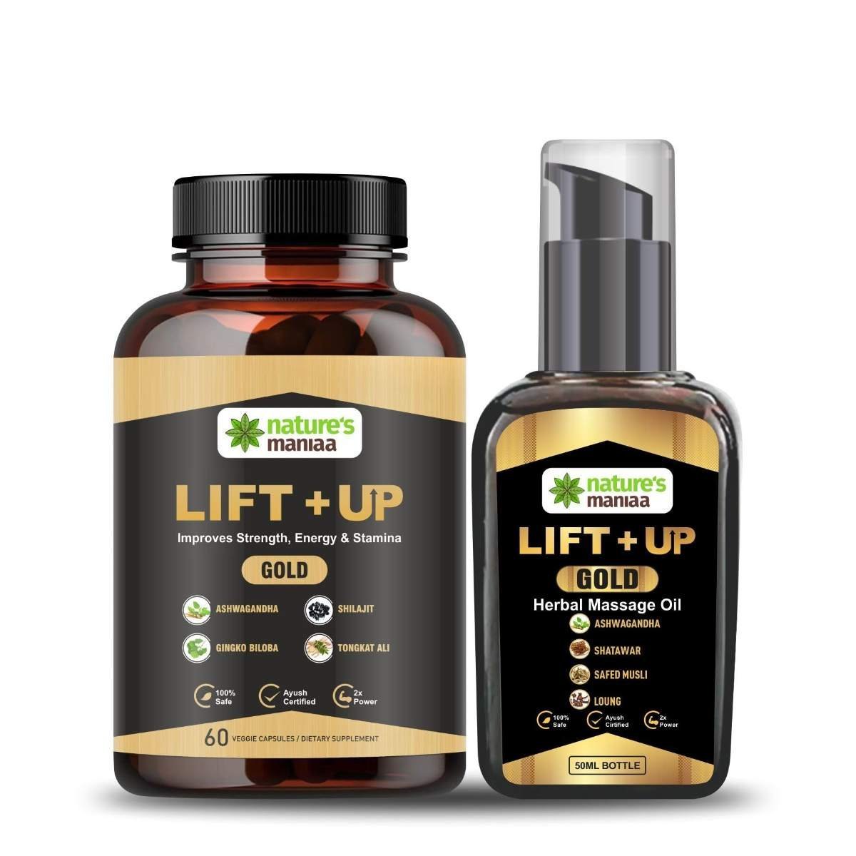 uk71Xkf4mOeML-1.jpg Nature Mania Lift Up Gold Combo for Men | 60 Capsules (Ayurvedic Male Health Supplement) & 50ml Massage Oil (With Ashwagandha, Safed Musli, Shatavari, Laung Extract) | Ayush Certified & Lab Tested - Fast UK Delivery - Image 1
