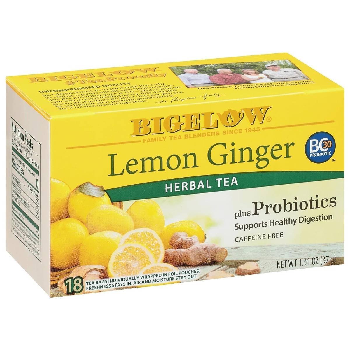 uk71Y-xJFaa0L-1-1.jpg Bigelow Tea Lemon Ginger Plus Probiotics Herbal Tea With Freshness & Aroma Caffeine Free 18 Tea Bags Net Wt 1.31oz (37gm) - Fast UK Delivery - Image 1