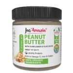 Jus' Amazin Crunchy Organic Peanut Butter with Crunchy Flax and Sunflower Seeds | 28% Protein | Plant-Based Nutrition | Rich in Omega-3 | Zero Chemicals | Dairy Free | 100% Organic Ingredients - Fast UK Delivery