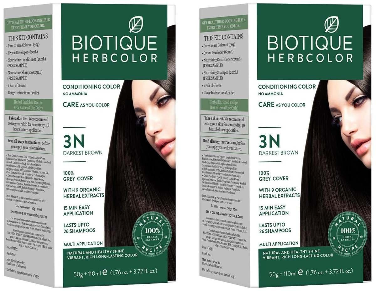 uk71ZnD1V1EnL-1-1.jpg Biotique Herbcolor Conditioning Hair Colour l Ammonia Free Hair Color l 9 Organic Herbal Extracts l Natural and Healthy Shine l 50g + 110ml| Darkest Brown 3N (Pack of 2) - Fast UK Delivery - Image 1