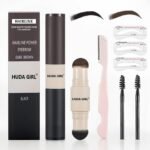HUDA GIRL Dual Color 2in1 Hairline Powder & Eyebrow Filler for Women, Eyebrow Shaper Kit including Instant Hair touch Up Stick Black n Brown with Eyebrow Razor, 2Pcs Eyebrow Brush / Spoolie & 3 Brow Stencils - Fast UK Delivery