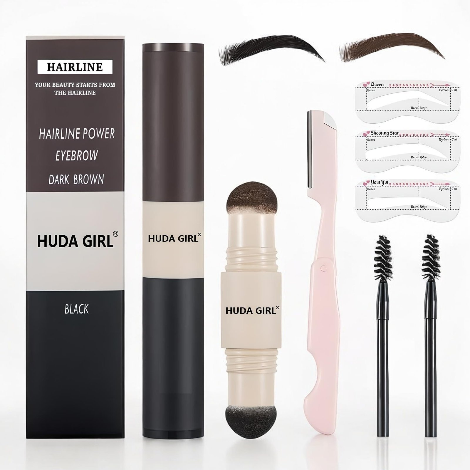 uk71aYT4uP7qL-1-1.jpg HUDA GIRL Dual Color 2in1 Hairline Powder & Eyebrow Filler for Women, Eyebrow Shaper Kit including Instant Hair touch Up Stick Black n Brown with Eyebrow Razor, 2Pcs Eyebrow Brush / Spoolie & 3 Brow Stencils - Fast UK Delivery - Image 1