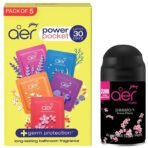 Godrej Aer Power Pocket | Air Freshener- Bathroom and Toilet | Lasts Up to 30 days | Assorted Pack of 5 (50g) & Smart Matic Refill - BLUETOOTH ENABLED Automatic Air Freshener | Passion (225ml) - Fast UK Delivery