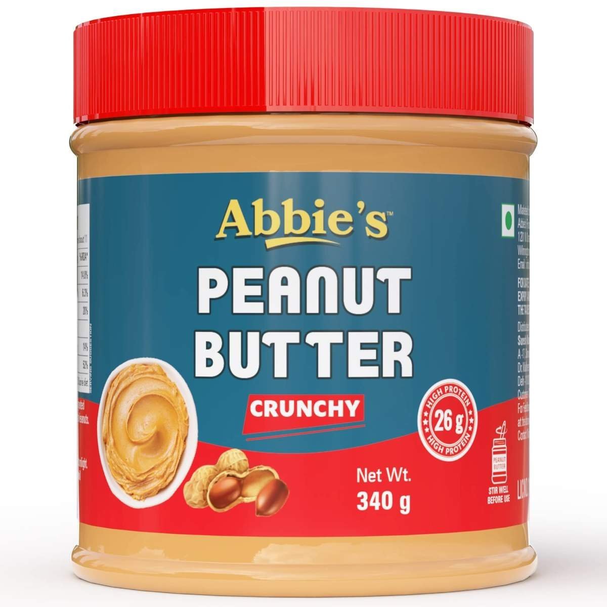 uk71aghOnLwXL-1-1.jpg Abbie's Peanut Butter Crunchy (340g-Pack of 1) with 26g Protein Per 100g Serving, Zero Trans Fat/Cholesterol, Keto Friendly,100% Vegan, Good Source of Fat for Athletes, Body Builders - Fast UK Delivery - Image 1