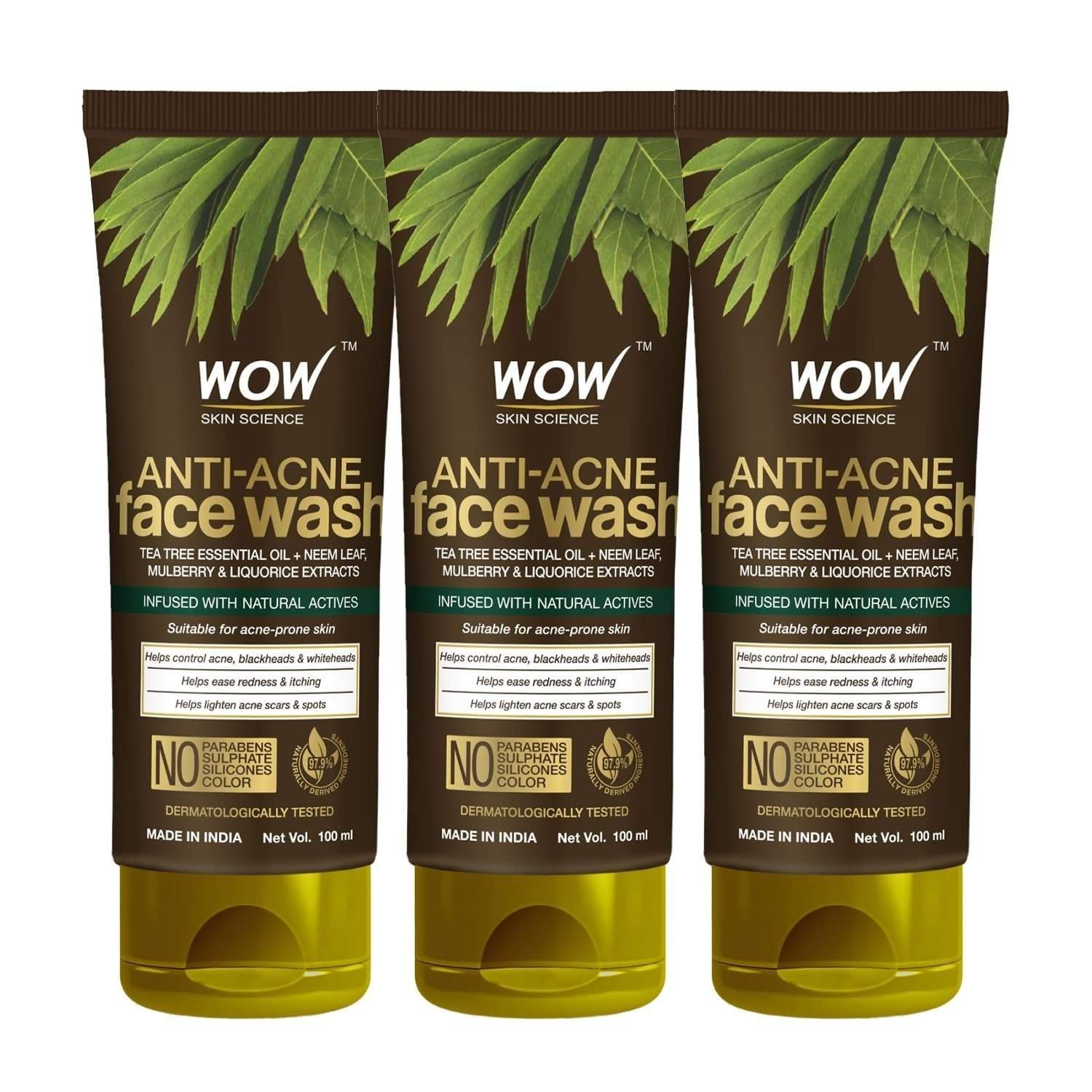 uk71b77Z24DiL-1-1.jpg WOW Skin Science Anti Acne Neem Face Wash|Neem Leaf Extract, Tea Tree Oil|For Pimples|All Skin Types|Bright, Clear Skin|Paraben & Sulphates Free|100 ml|Pack of 3 - Fast UK Delivery - Image 1