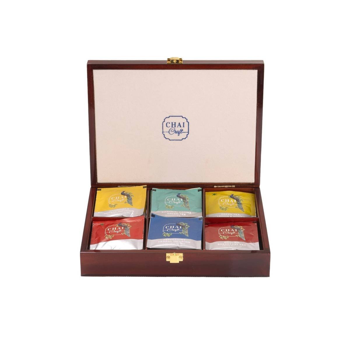 uk71bMtmddqdL-1-1.jpg Chai craft Boxful of Glam 30 Tea Bags | 6 Flavors of Tea Wooden Diwali Gift Box 30 Tea bags - Fast UK Delivery - Image 1
