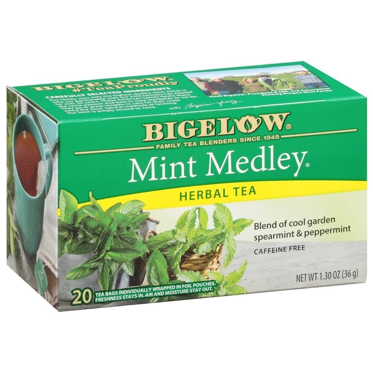 uk71bkTgtcPL-1.jpg Bigelow Tea Mint Medley Herbal Tea Spermint & Peppermint With Freshness & Aroma Caffeine Free 20 Tea Bags Net Wt 1.30oz (36gm) - Fast UK Delivery - Image 1