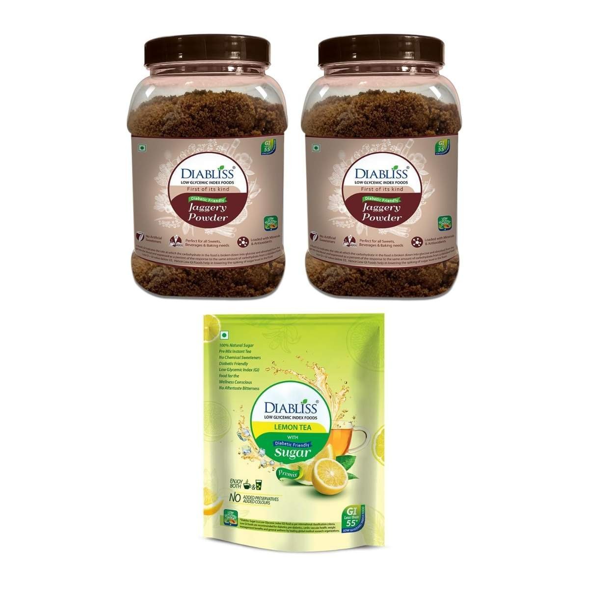 uk71cGiZXQWaL-1-1.jpg Diabliss Jaggery 750g Jar pack of 2 - Lemon Tea 500g Pouch - Low Glycemix Index Diabetic Friendly - Image 1