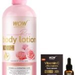 WOW Skin Science Brightening 20% Vitamin C Face Serum & WOW Skin Science Himalayan Rose Body Lotion For Light Hydration - Normal To Oily Skin - with Rose Water - Fast UK Delivery