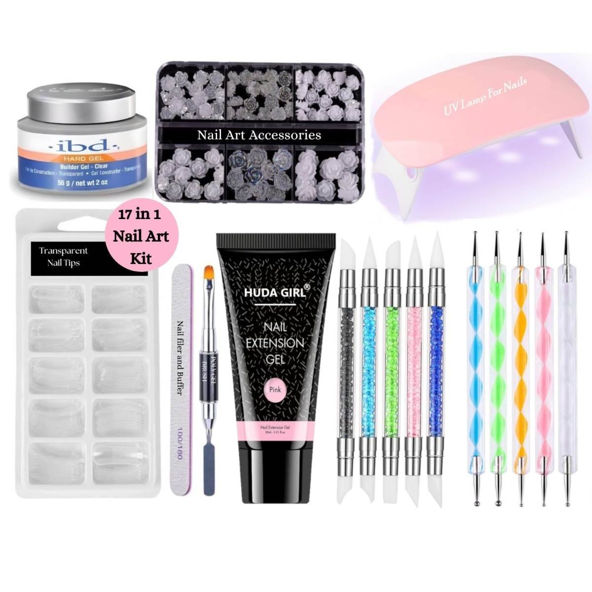 uk71f9dKwKEpL-1-1.jpg HUDA GIRL 17-in-1 Poly Nail Extension Gel Kit: Complete UV Builder Gel & Nail Art Set for women (Multicolor) - Fast UK Delivery - Image 1